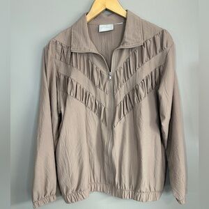 Vintage Blair Tan Lightweight Zip Up Bomber Jacket Pucker Ruffle Front Womens M